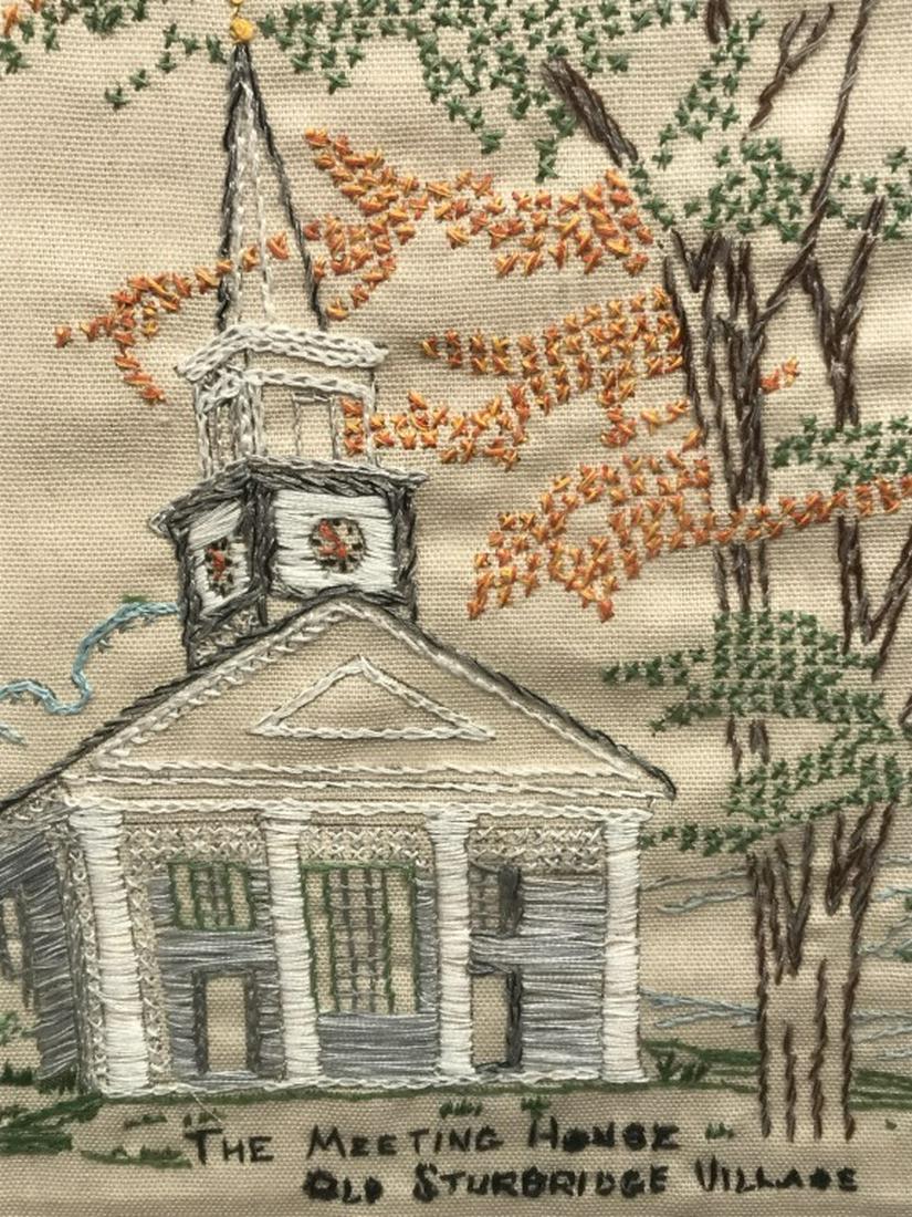 Vintage Sampler W Meeting House Motif: Sampler has embroidered building among trees, ‘the meeting house, Old Sturbridge Village.’ Sampler is double matted and set behind glass in wood frame. Frame measures approx 15 inches in height by
