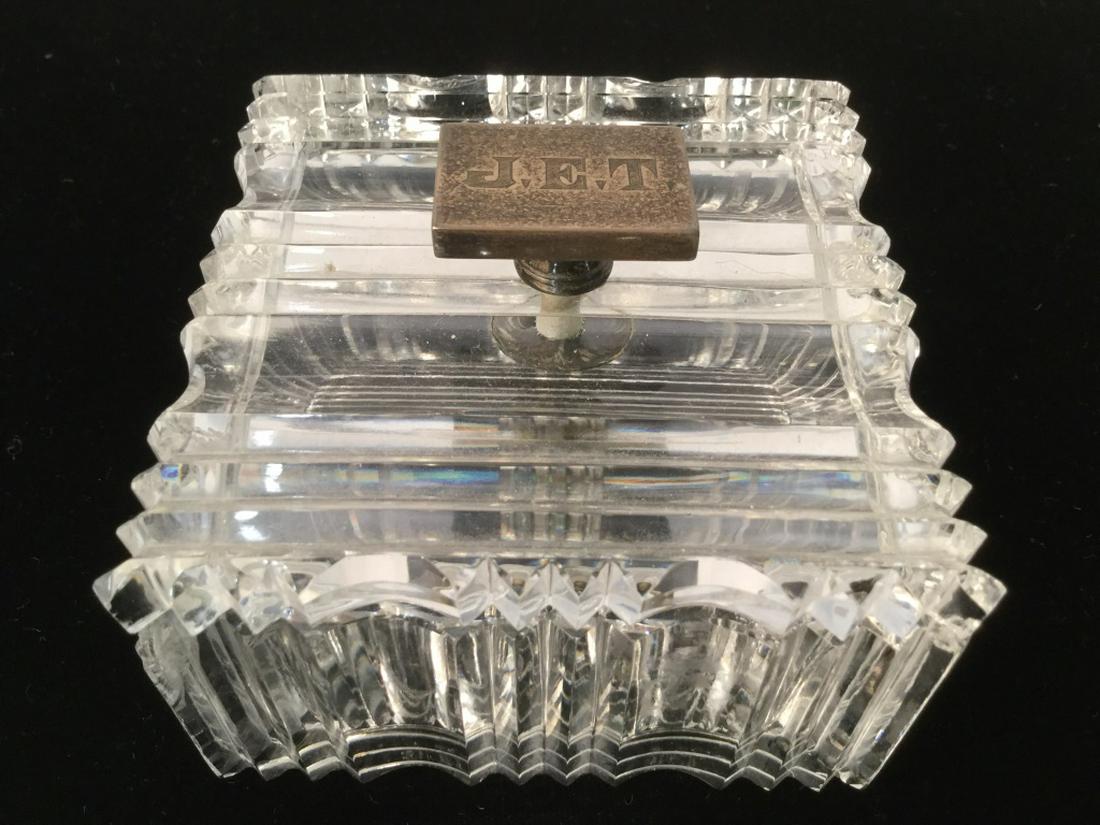 Lot 8 Glass & Silver Toned Bowls & Trinket Dishes: Art Deco Glass Bowl. Approx 6 3/4 in diameter. Small trinket Cut glass box. Has initials on Handle. 3.5 x 3.5 in. Tiny Trinket Dishes And Boxes, all silver tones, possibly silver plated. Two glass bow