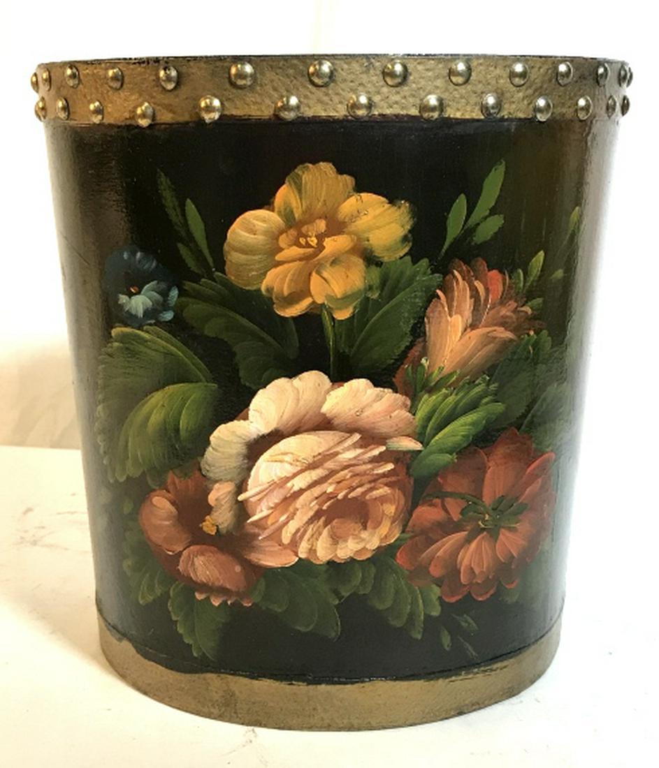 Floral Hand Painted Wooden Canister Vessel: Gold Toned Tack Trim that highlights the black/ brick color background and floral Still. Bottom Gold Paint Trim to mimic top. 10.5 in. Tall, 10 in. diameter. Shiny black paint painted on inside. Up Cy