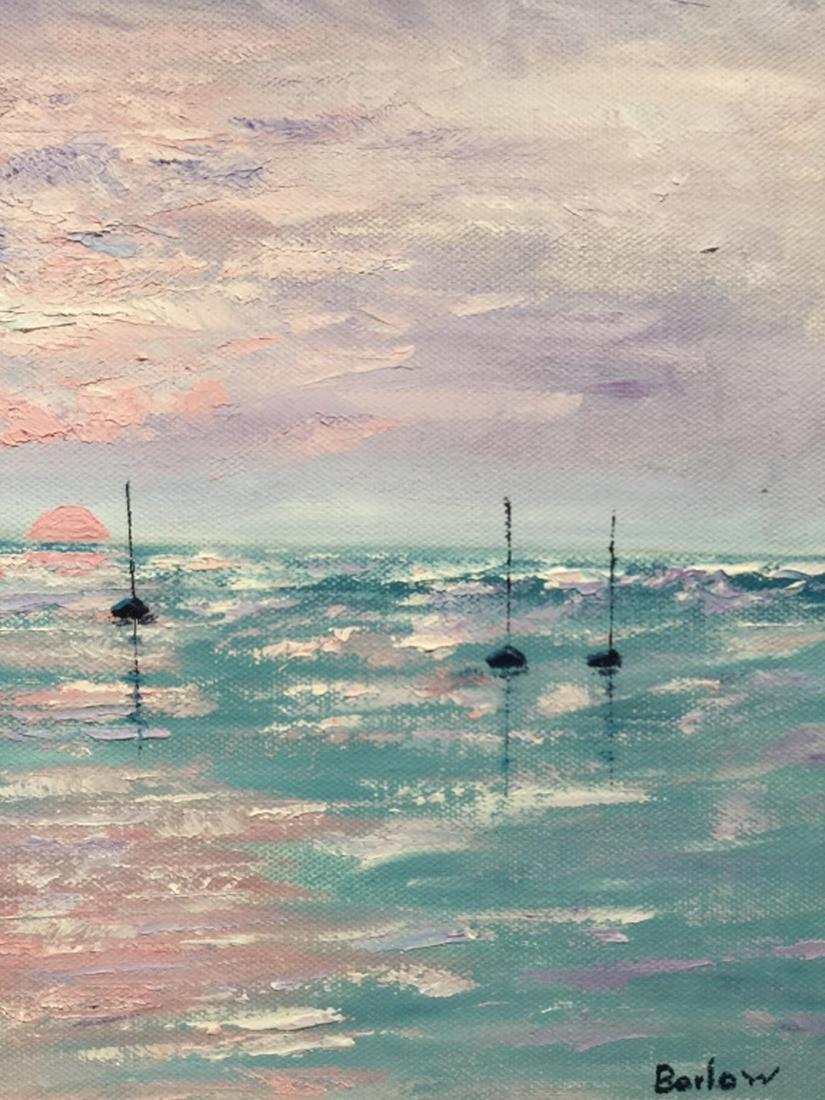 Signed Oil On Canvas, Purple Sunset: Signed Barlow in lower right corner, Oil Painting depicts purple sunset behind sailboats in water. Canvas is set in gold tone wood composite frame. Measures approx 13.75 inches in height by 11.75 inch