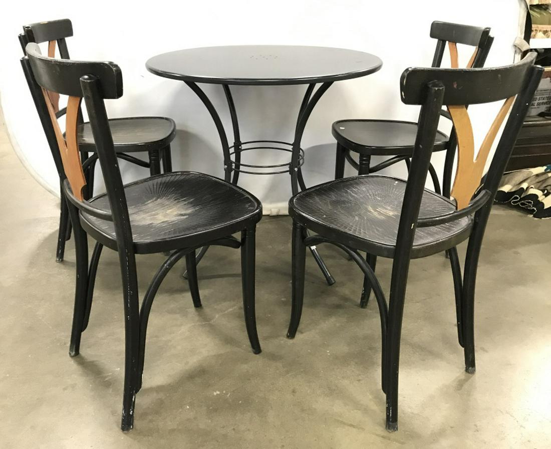 Set 5 Metal Bistro Table And Four Wooden Chairs: Set 5 Metal Bistro Table And Four Wooden Chairs, grey toned circular metal table w splayed legs and four painted wooden bistro chairs. Table measures approx 31.5 inches in diameter x 29 inches tall. S