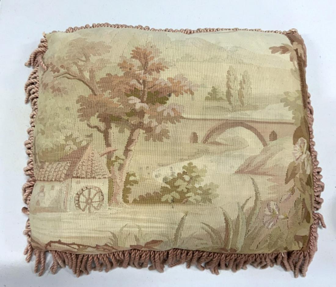 Aubusson French Tapestry Toss Pillow: Possibly antique toss pillow, thro pillow, French tapestry pillow, measures app 17 inches square plus two inch fringe trim, decorative arts, home decor and accessories