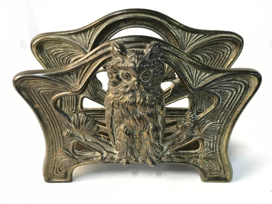 Brass Owl Detailed Napkin Holder: Gold Toned Owl Detailed Napkin Holder. Piece appears to be brass. Measures approx 8 inches long 5 inches tall 3 inches deep. art nouveau style, tableware, kitchen accessory home accent and accessories