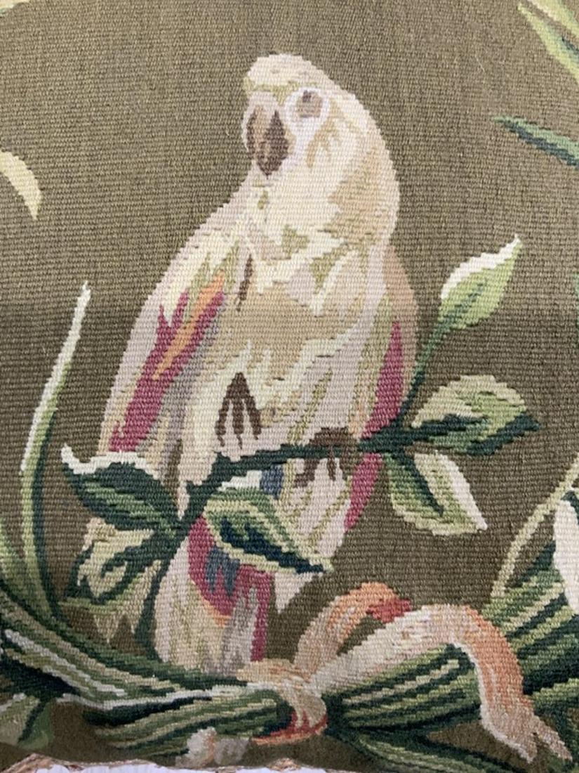Pair Aubusson Tapestry Parrot Pillows: Pair of pillows, toss pillows. Decorative accessories featuring parrot themed tapestries with tassel fringe each measures app 20 inches square plus two inches app fringe trim,