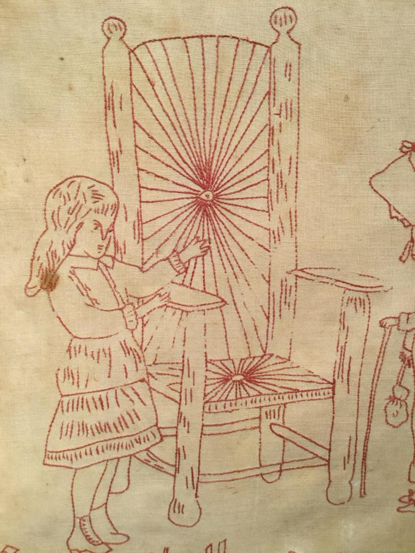 Vintage Sampler W Figures & Chair Motif: Rare Sampler featuring embroidered figures, a girl and elderly woman, with a chair between them. Below the figures it reads ‘come sit thee down.’ Sampler is against board, unframed. Measures appro