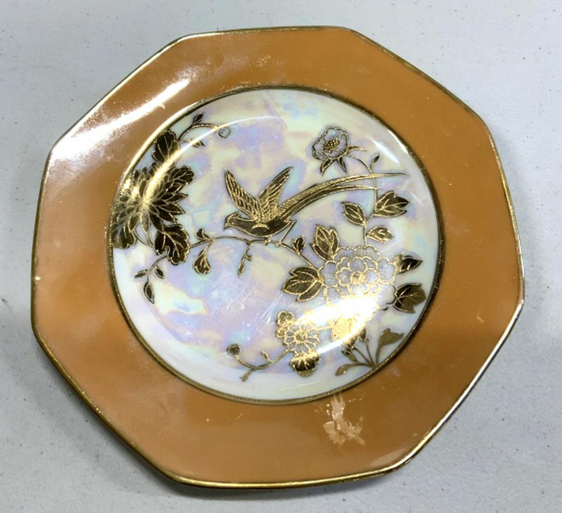 Set Noritake Porcelain opalescent Bird Plates: Orange gold and irredescent tones plate set with medallion gold paste up birds as center design, each marked each measures app 8 inches diameter, tableware, place settings, Japan porcelain set of 6