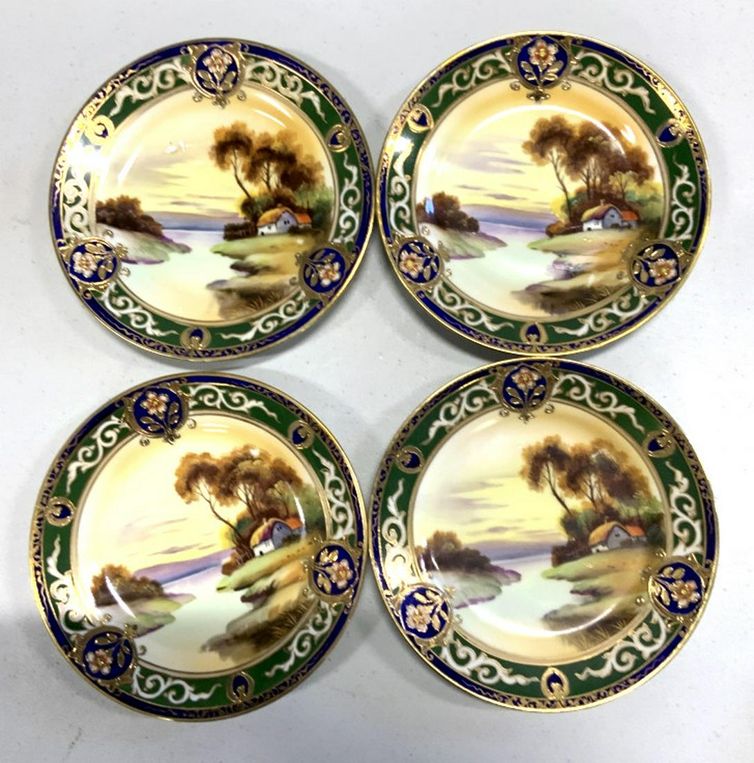 Set 4 Noritake Hand Painted Plates: Set of 4 plates marked for Noritake Japan, Hand Painted with countryside scenes and detailed borders, each measures app diameter 6.5 inches, shelf piece, decorative arts and accessories, wall plates