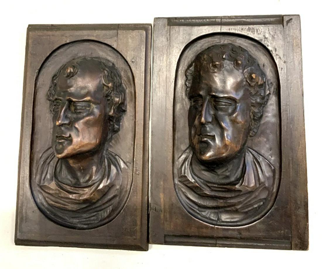 Pair Carved Bust Figural Plaques: Carved wood wall sculptural, busts, arts and crafts, decorative arts, each measures app 12 by 7.5 inches