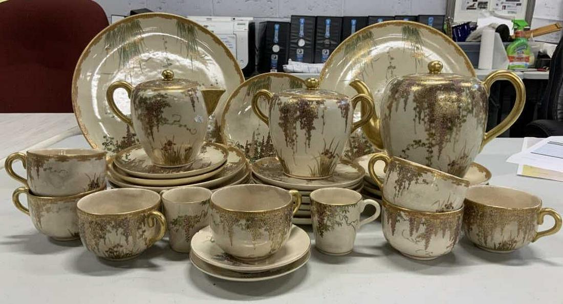 Satsuma Hand Painted Porcelain Partial service: Hand painted richly gold accented tableware, place setting, some loss of gold toned paint Japanese porcelain, each signed in Asian characters, Asian decorative arts, table ware, collectible Asian porc