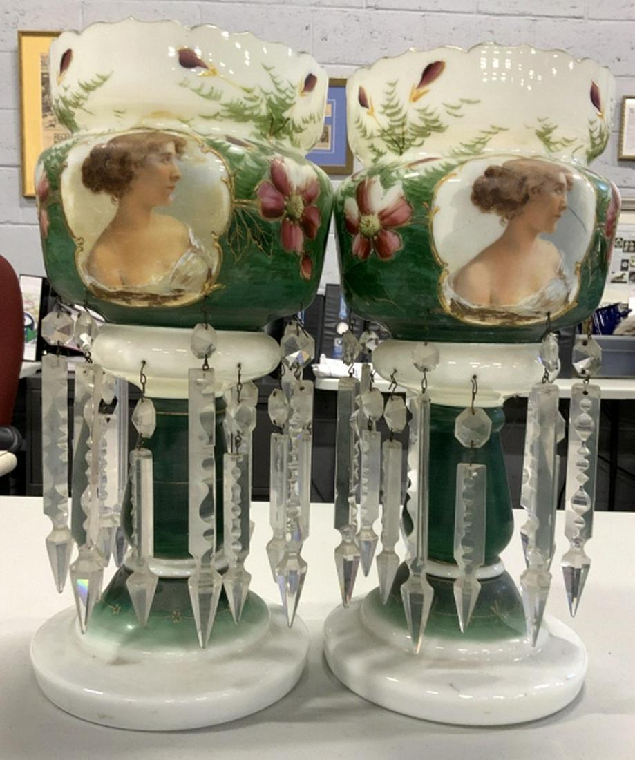 Pair Hand Painted Porcelain Crystal Garniture: Hand painted porcelain globes with female portraits and crystal hanging ornamenture on candle stick form painted opaque porcelain, Victorian style, Tara style, possibly vases, candle holders, parlor d