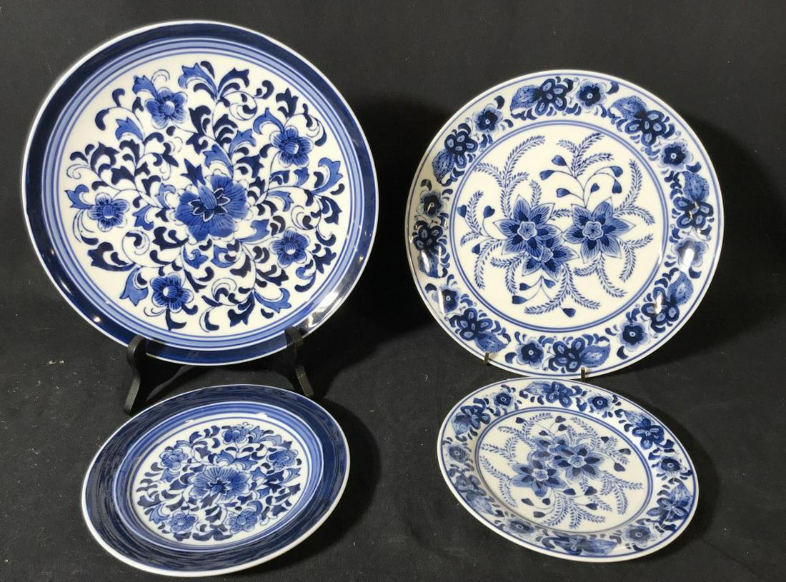 Set 20 Assorted Blue Floral Ceramic Tableware: 7 Dinner Plates with matching salad plates. All different floral patterns. 4 Extra small salad/ luncheon plates. Large serving dish/center plate and soup tureen with lid. Serving plate, 16 x 11.5 in. 