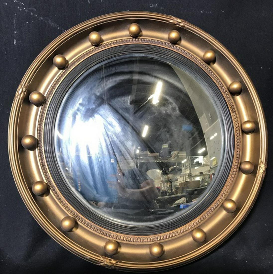 AISONEA Eng Round Gold Tnd Framed Fish Eye Mirror: Mirror is round. Frame is gold toned with spherical detail. Measures approx 16 inches diameter. AISONEA English mirror, wall hanging, home accent and accessory, interior decor 6