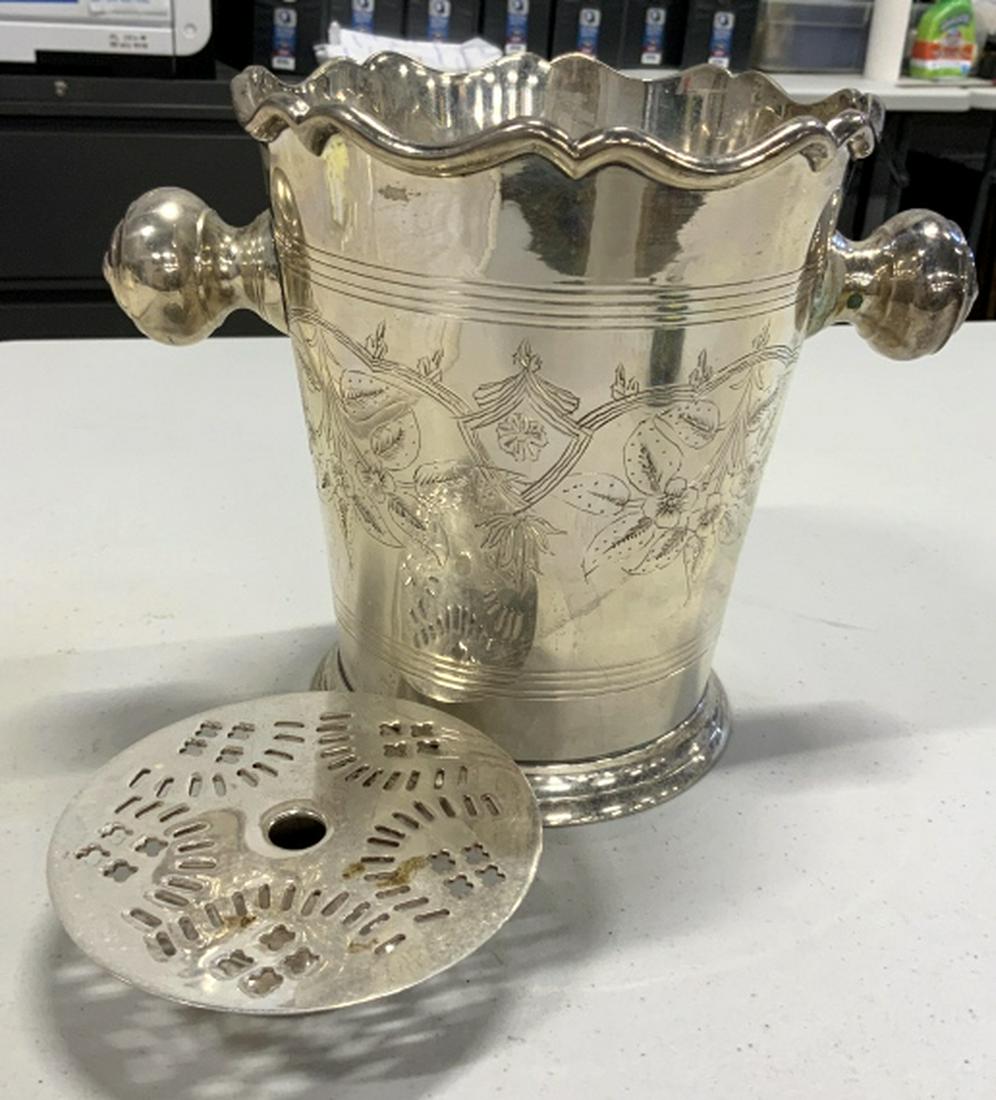 Etched Signed Silver Toned Ice Bucket w Plate: Ice bucket with fitted pierced lower plate, champagne bucket, wine bucket, marked underside for Kent Silversmiths fine silversmiths India since 1875, measures ht app 8 inches diameter to knob handles 