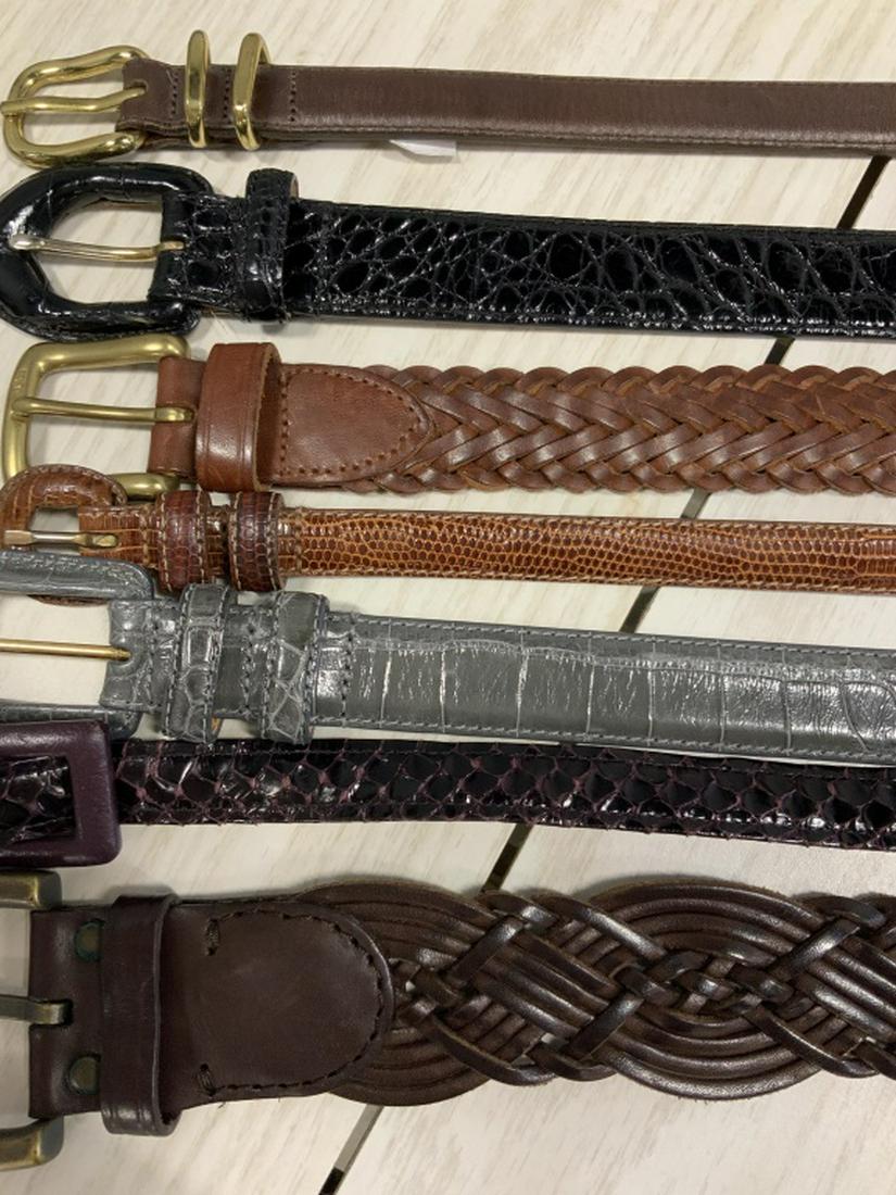 Group 7 Luxury Fashion Leather Allugator belts: Group lot of leather belts, luxury designer belts, leather, alligator and more, longest measures 41 inches shortest measures app 32 inches, brands include Royal oak, WCM New York, and more fashion acc