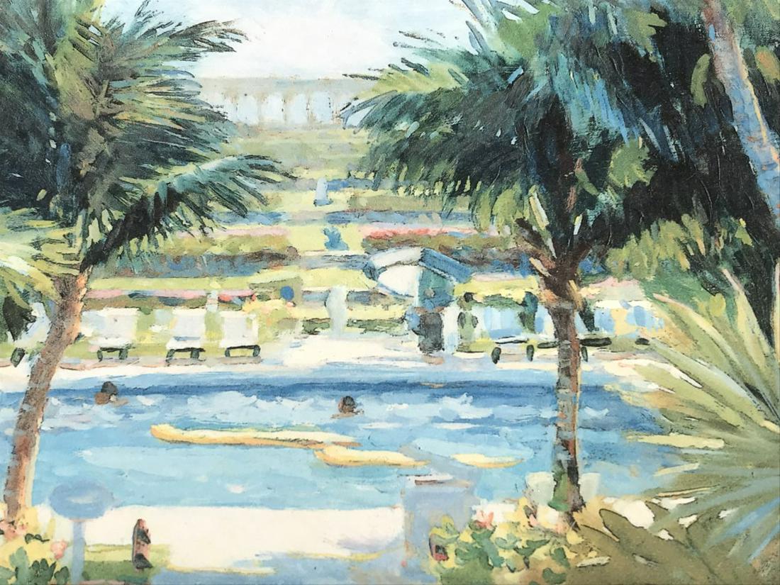 Signed John Paul Print, Bahama Views: Signed John Paul art print, titled ‘Cloister View, Ocean Club,’ depicting lush Bahama locale. Signed in pen in lower right corner. Print is matted, not framed. Verso has info on artist. Measures a