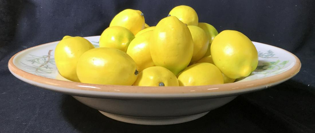 Centerpiece WILLIAMS- SONOMA Bowl With Lemons: Faux lemon centerpiece 3 1/4 in. H, 14.5 in. Wide. Rim is approx 2 in. Bowl depth approx 2 in. Made in Italy. No surface issues. Williams- Sonoma Pottery, Centerpiece Bowl, Tabletop Dish, Serving Dish