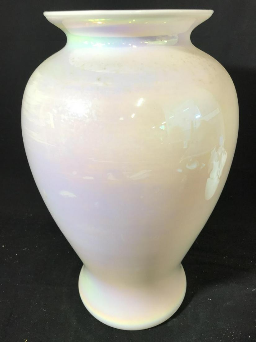 Iridescent Porcelain Vase: Vase has iridescent surface. Piece measures approx 15 inches tall 9 inches wide. Vase, iridescent vase, porcelain vase, porcelain iridescent vase, centerpiece, tabletop accessories. Good condition, ne