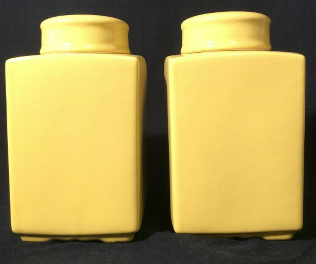 Ceramic Yellow Contemporary Ginger Jars: Large scale square hand painted yellow ceramic ingredient jars with lids. Each jar measures at approximately 10 inches tall, and approximately 5.8 inches wide. ginger jars, kitchen accessories, decor 