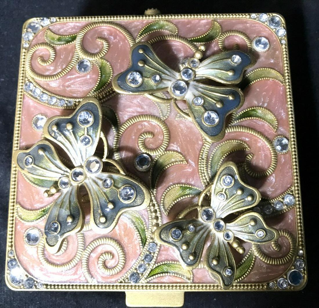 Butterfly Enameled Keepsake Box & Trinket Dishes: Lot 3 Hinged Box With rhinestones, gold and pink high gloss enamel. Lid underside has a mirror. One butterfly wing floated off. Box measures 1 1/4 in. H, 4 3/4 in. sq. Also, hand painted porcelain tri