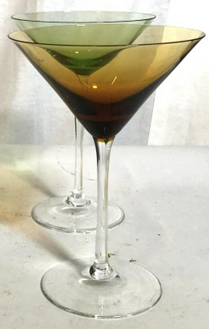 Lot 4 ART GLASS Martini Stemware: Green and Bronze Art Glass Colors. Approx 6 3/8 in. Tall. Diameters slightly vary, approx 4.5 in. wide. Color Art Glass, Barware, Color Martini Glasses, Colored Glass Stemware, Colored Cocktail Glasse