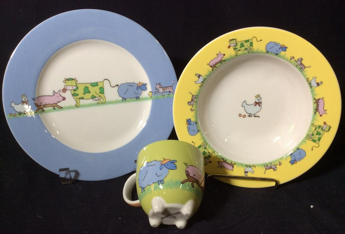 Villeroy & Boch Children’s Tableware Set: Farm Animals decorate this porcelain plate, bowl and cup set. In excellent condition. Plate, 8 1/4 in. Bowl, 7.5 in. diameter. Cup has “utter feet”. Tableware, Villeroy & Boch Children’s Dining 