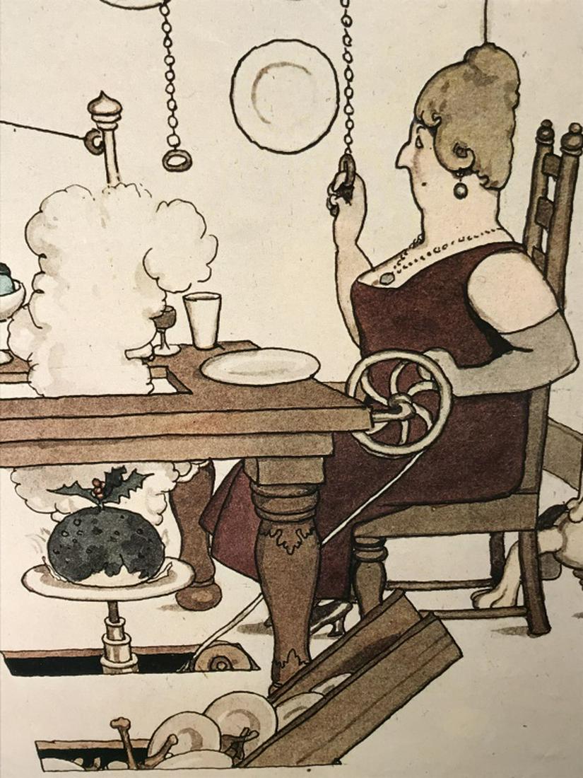 Framed W. Heath Robinson Poster Print: Framed William Heath Robinson poster print. Print is set behind glass in silver tone metallic frame. Measures approx 31.25 inches in height by 22.25 inches in width with frame. Some water damage along