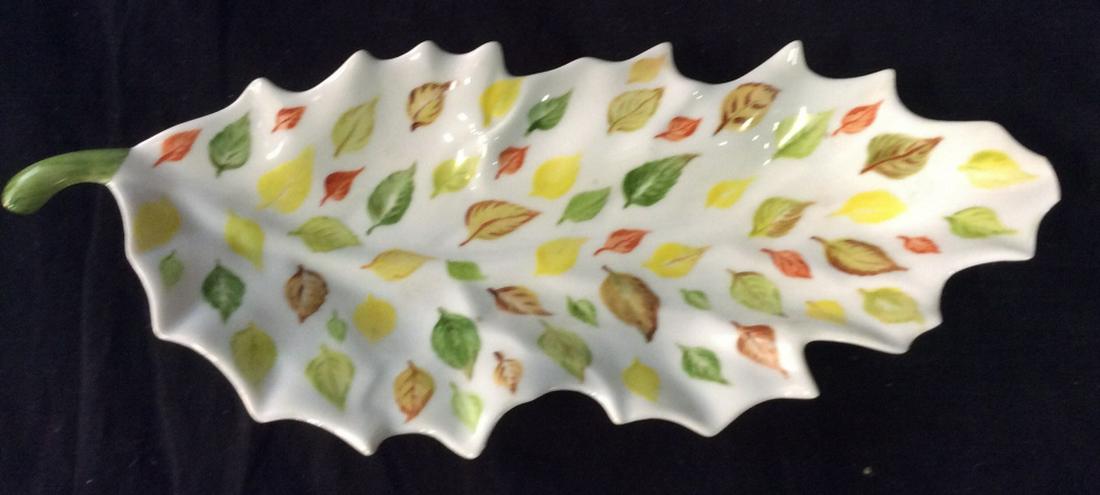 Lot 3 LIMOGES HAND PAINTED Porcelain Tableware: Vintage Limoges Demitasse & Saucer. Hallmark blurred but visible. Gold Gild in good form. Light visible surface crack inside of cup. Contemporary Leaf Shape Dish with Autumn Colors. Signed by artist N