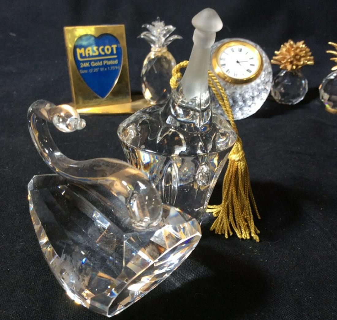 Lot 6 Crystal Curio Display Figurines: Quartz Clock Golf ball, 24% Lead Crystal, From Taiwan, Sticker on underside. not tested. Gold Plated Photo Frame And Crystal Pineapple, Crystal Delight, Mascot Inc. - Marked On Underside. Measures 4 x