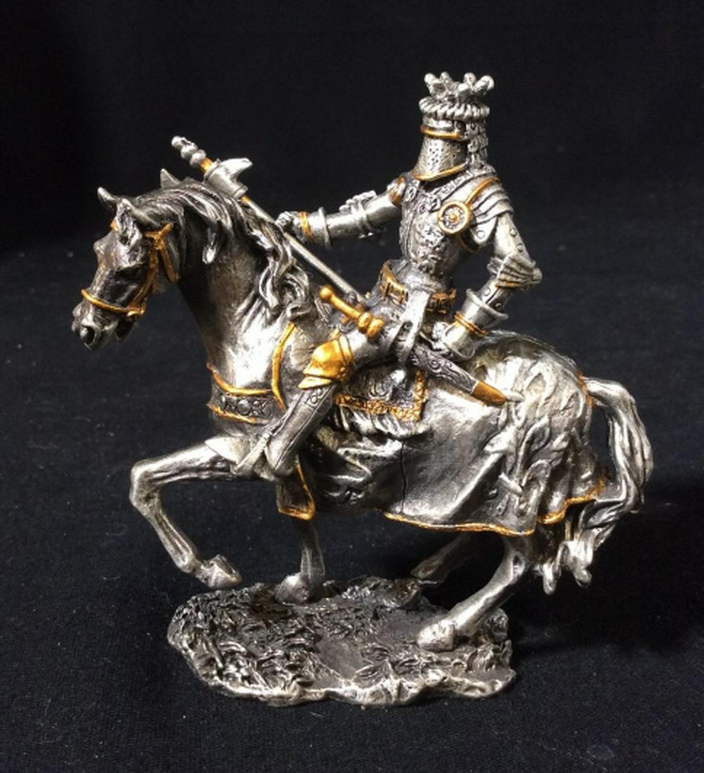 Metal Knight on Horse Figure: Lovely gold painted detailed metal knight in armor on horse Figurine with detachable pick axe. Measures at approx 4 inches tall, and approx 3.8 inches wide. Desk accessory , Office accessory, desk sup