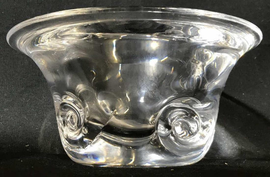 Signed Warff for KOSTA BODA Crystal Votive: Crystal glass candle holder votive, Bowl, Vessel has swirl details on sides. Underside has etched signature ‘Kosta Warff,’ for Goran Warff. Measures approx 3.25 inches in height by 6.5 inches in d