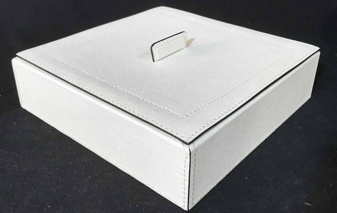 HOME INTERIORS White Leather Keepsake Box, Italy: Dresser box, keepsake box, tabletop accessory. measures ht app 3.5 inches to tab, approx 9.5 inches squared in width and depth. Some minor blemishes on top, might need cleaning. Imprinted Home Interio