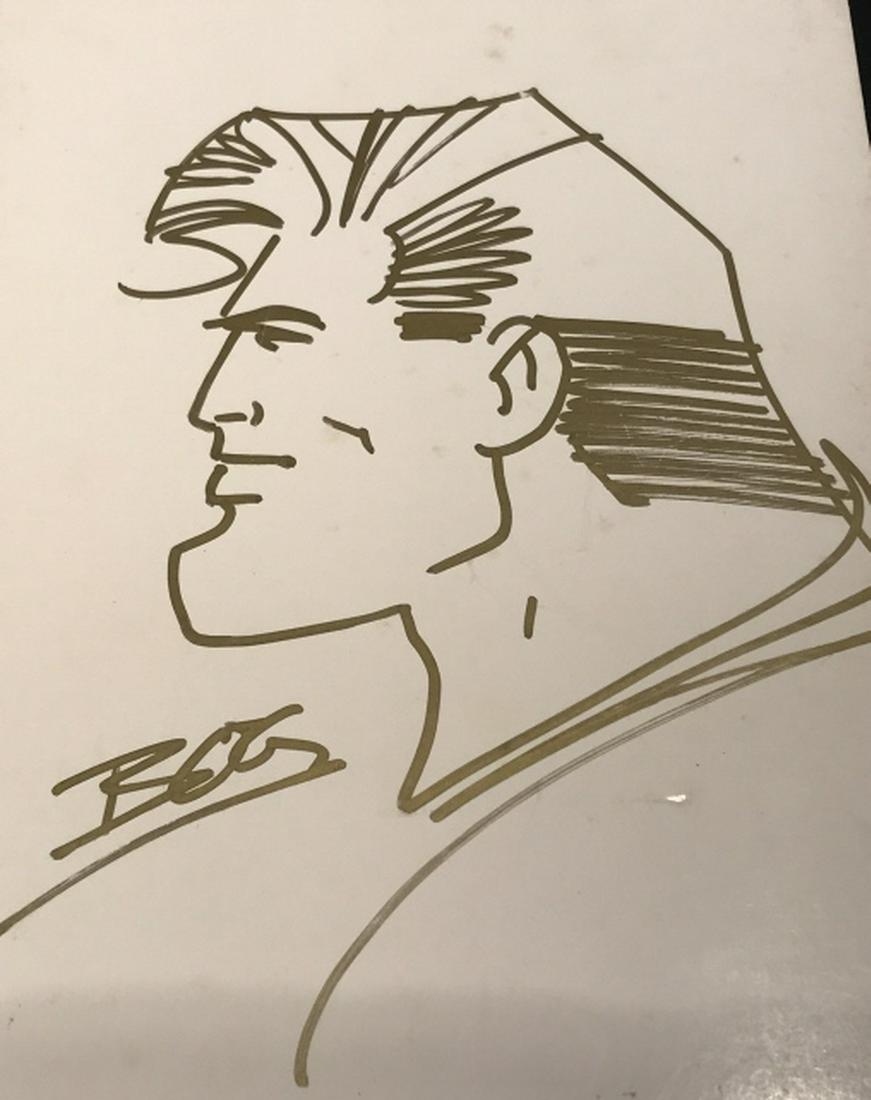 Pair Signed Bogdanove’s Superman Cartoon Drawings: Pair of signed original Superman cartoons by Jon Bogdanove. Signed ‘Bog’ in lower left corners. Artworks are in gold marker. One drawing has label for Artist signing date and time. Each piece meas