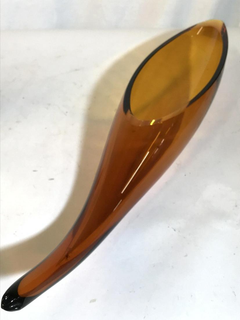 MCM Smooth Handmade Glass Cornucopia Vessel: Orange toned bowl, vase, vessel, platter, Tableware, Art, Sculpture, Mid Century Modern Art Glass measures 3 1/4 inches height , approx 21 inches length, width approx 4 1/4 inches. Some slight surface