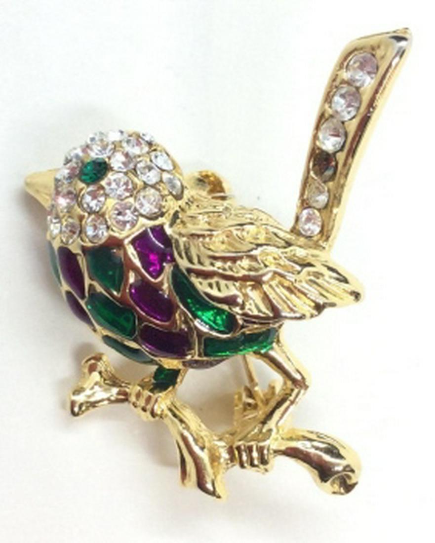 Multi colored Enamel Bird Pin: Enamel details in jewel tones of purple and red, gold toned metal base, rhinestone details, one missing rhinestone, measures app 1 in long. Women’s vintage costume estate jewelry, fashion accessory,