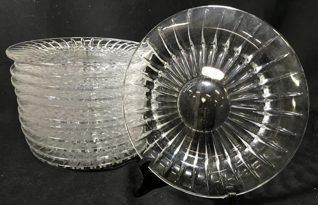 Lot 12 Signed Val St. Lambert Glass Plates: Lot 12 Glass Plates, marked on underside for Val St. Lambert. In Balmoral design. Each measures approx 7.6 inches in diameter. Original retail value of each plate is $69.95. No apparent chips. Glass P