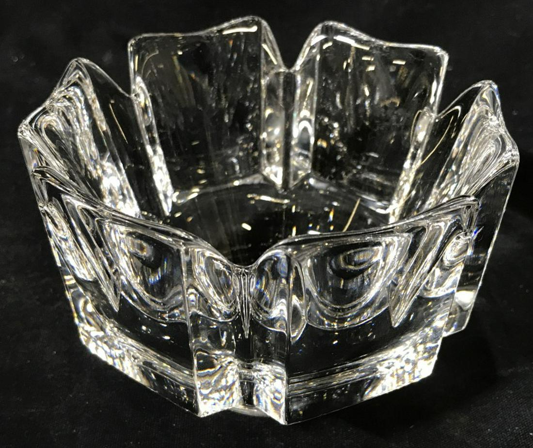 Signed ORREFORS Crystal Corona Votive: Marked on underside for ORREFORS. Crystal votive is in corona style. Measures approx 3.25 inches in height by 4.75 inches in diameter. No chips. ORREFORS Crystal Glass votive, Candle Holder, Vessel, S