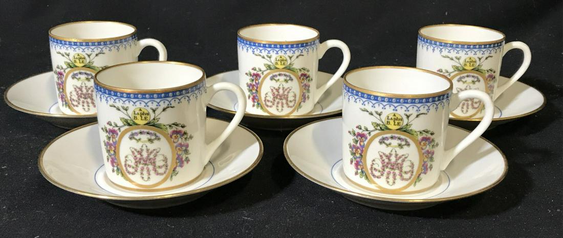 Set 10 PORCELAINE D’AUTEUIL Cups & Saucers: Underside of each piece reads PORCELAINE D’AUTEUIL PARIS FRANCE. Lot includes 5 espresso cups & 5 Saucers. Saucers measure approx 4.25 inches wide. Tableware, tabletop accessories, tea service coffe