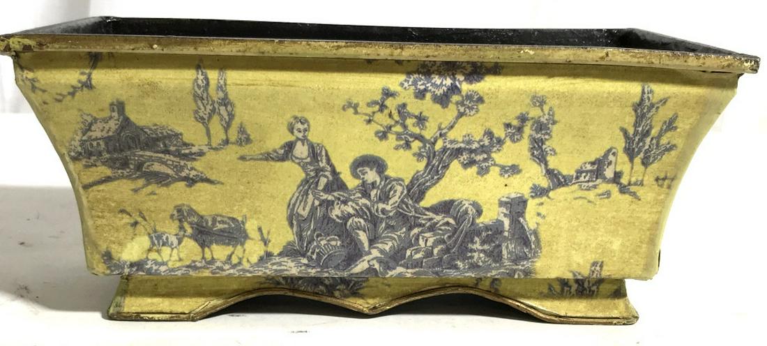 Vintage Rectangular Tin Cache Pot: 9 1/4 x 5 1/4 in. Use indoor or outdoor for flowers, plants or herbs or as a bowl. Color faded. Cache Pot, Indoor Garden, Herb Pot, Kitchen, Outdoor Garden, Flower Pot, Small Plant Cache Pot, Small Pl