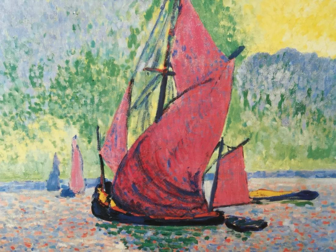 Framed André Derain Print, The Red Sails: Art print of André Derain’s the Red Sails. Type below image has artist name and info of artwork. Print is set behind glass in wood frame. Measures approx 14.75 inches in height by 18 inches in widt