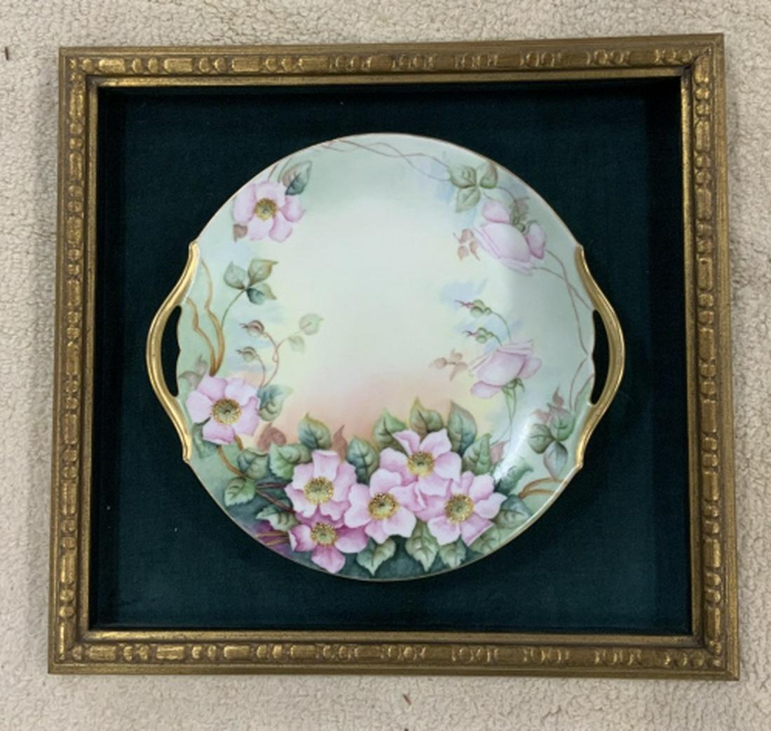 Framed Painted Gilded Porcelain Plate: Gold toned frame and green velvet mount measure app 15 by 16 inches diameter of plate 11 inches wall art, collectible porcelain, home accent and decor