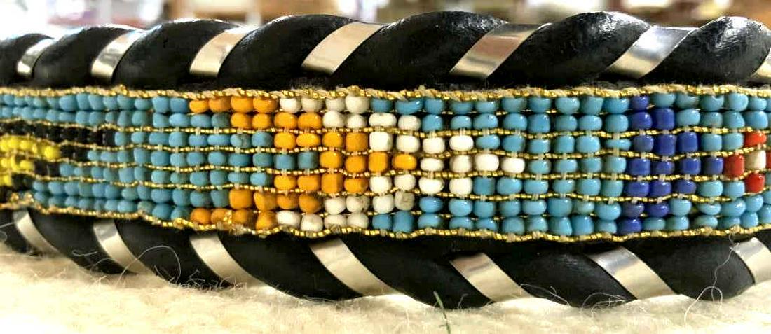 AL BERES Silver Leather Beaded Belt, USA: Luxury fashion accessory, silver buckle and decorative elements, leather and intricate bead design, measures app length 37 inches, buckle marked for German Silver, belt signed Al BERES, USA, signed on