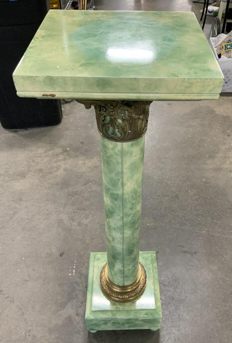 Green Marbleized Column w Gilded Bronze: Marbelized column faux painted composite cylindrical form with bronze detailing at cornice, decorative accessory, art stand, column, pillar, display pedestal measures ht app 45 inches, top app 12 inch