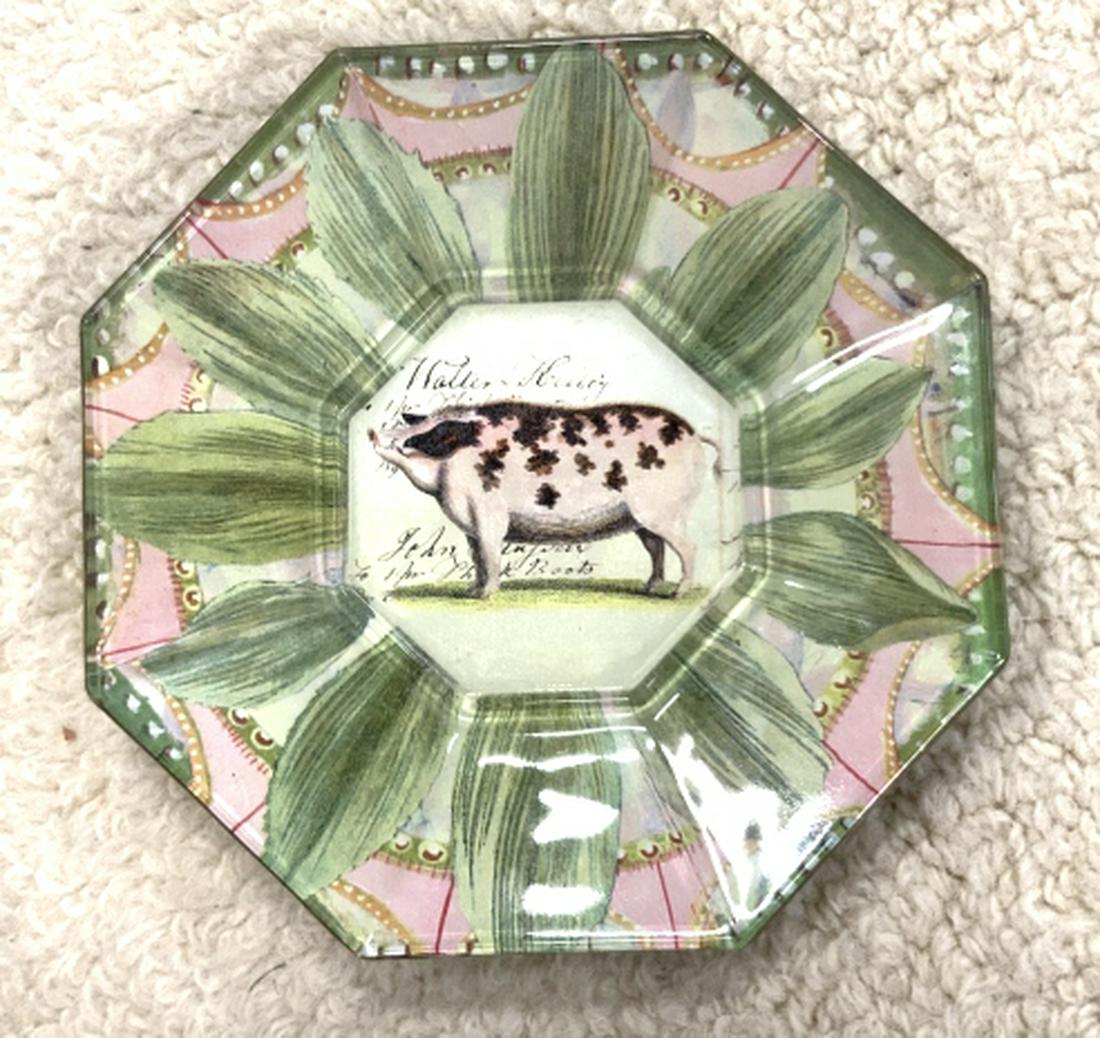 John Derain Signed Decoupage Pig Plate: Plate, decorative accessory, luxury home table ware, signed on back for John Derian, measures app 5.5 inches farm house chic, shelf plate, decorative accessory