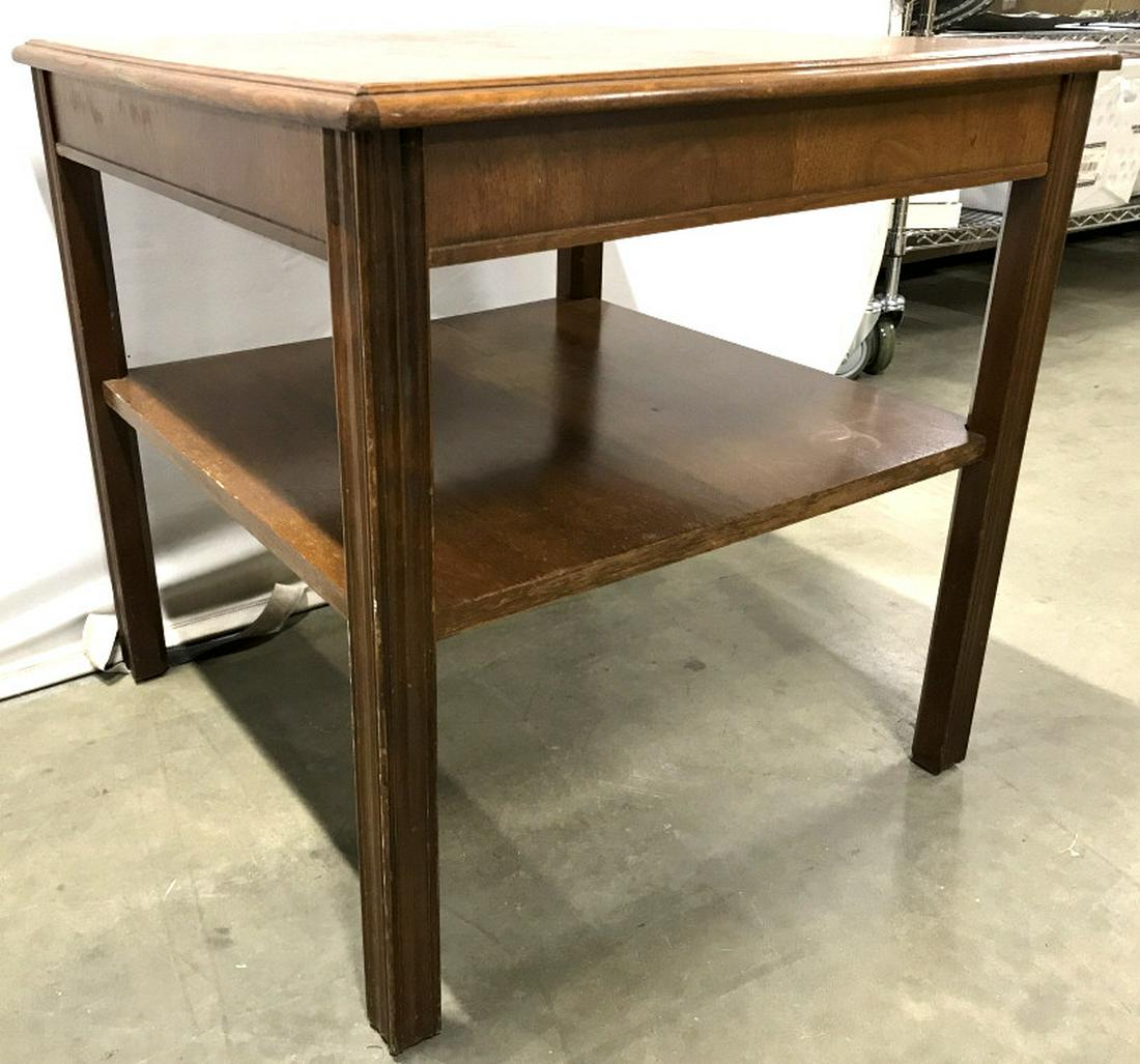 Vintage Brown Toned Wooden Side Table: Side Table is brown toned. Contains 4 legs and middle shelf level. Piece measures approx 27 inches tall 26 inches square. Vintage table, vintage side table, wooden side table. Contains some wear. 6