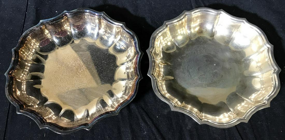 Lot 4 Vintage Silver Plated Tableware: Two pieces have no hallmarks. One Trinket Dish says International Silver Co. Discoloration On 2 pieces. Tray is 9 in. One Revere Style Shallow Leaf Bowl, 8 in diameter, approx 2.5 in H. Hallmark label