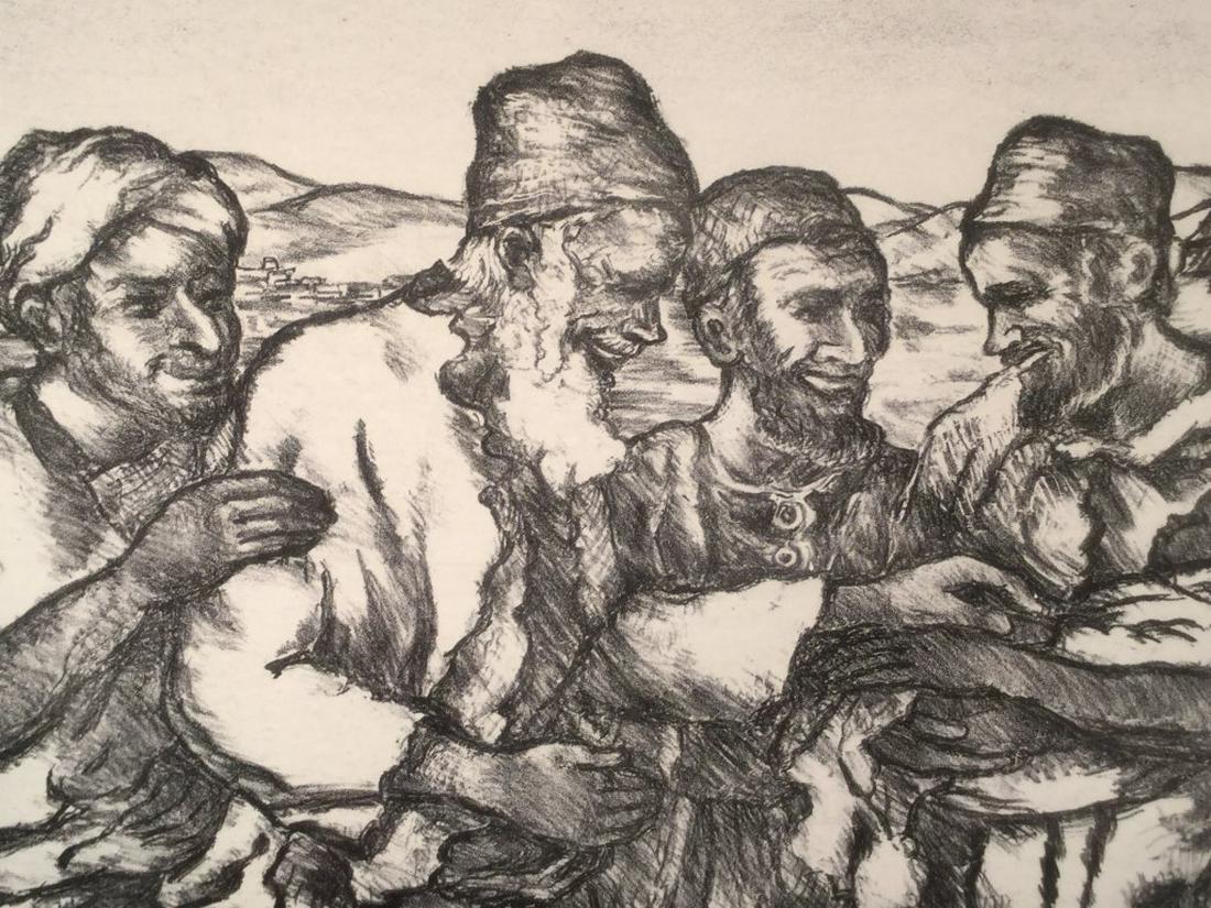 Signed Gertrude K. SAMUEL Lithograph, Israel: GERTRUDE K. SAMUEL (20th century), '’Newcomers in Israel’ lithograph, pencil signed in lower right corner, titled in lower left corner. Image depicts male figures with a newborn baby. Artwork is m