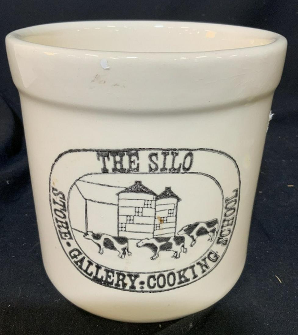 Cow Motif Ceramic Pot Vessel , USA: Marked for the crock shop Santa Ana California, ceramic tableware, utensils holder, cache pot, decorative accessory, cream toned ceramics, measures diameter 6.5 inches hit app 7 inches