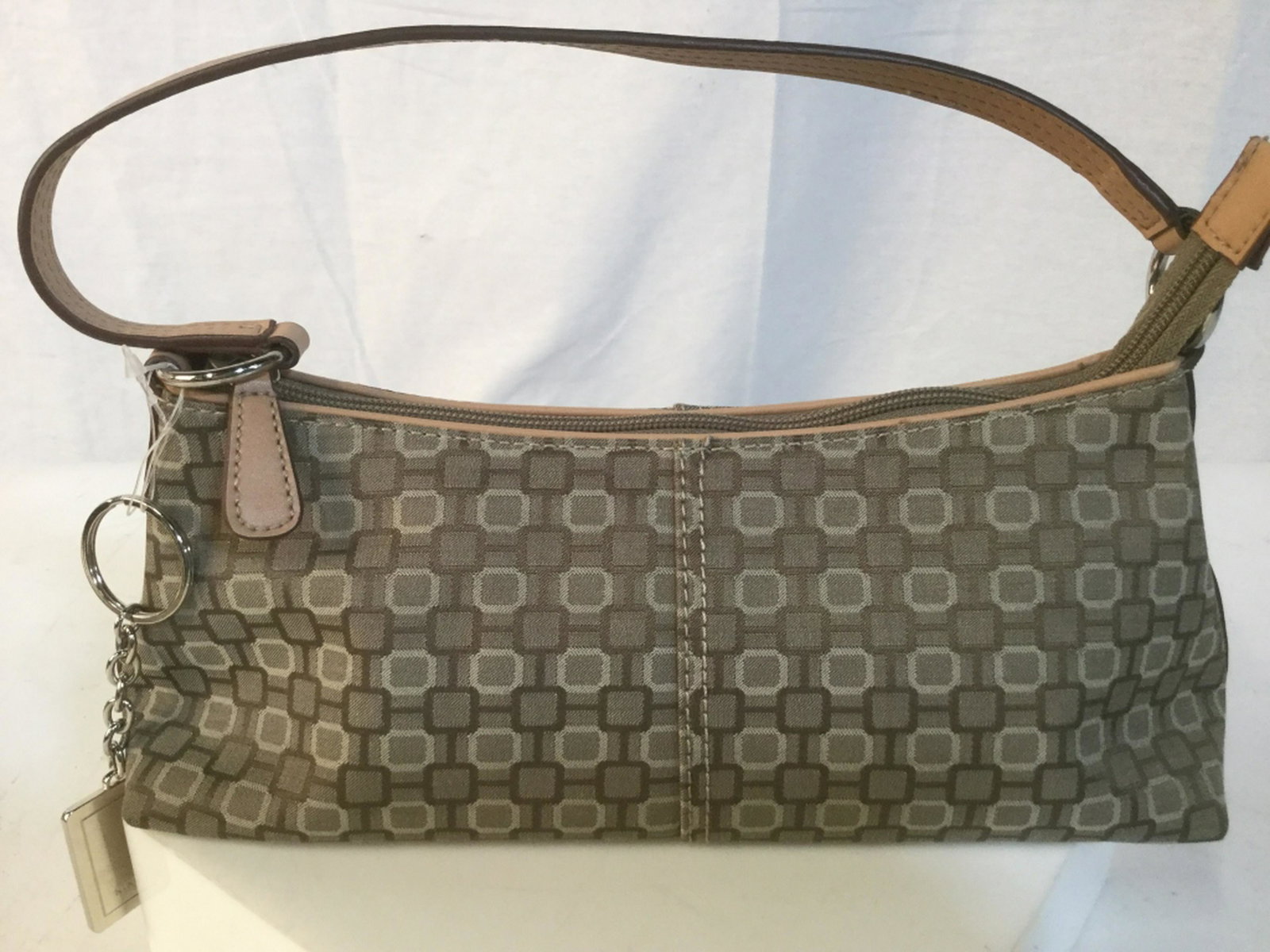 Nine West Small Satchel Bag Never Used. Large Enough: Never Used. Large Enough for Bigger cell phones. Credit Card Pockets, ID Pocket, Inside Zipper. Comes w/ Key Chain. Very Clean. Some minor discoloration on inside. Zippers Smoothly. Approx 10.5 x 4.5 