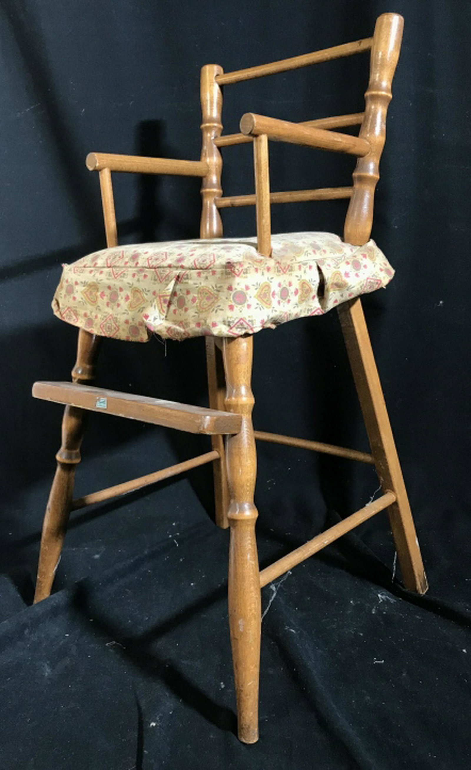 THAYER Vintage Wood Child's Chair Vintage Poss antique: Vintage Poss antique wood child’s chair high chair with label and original upholstered seat.measures app ht 26 inches, width 14 inches width 13 inches depth