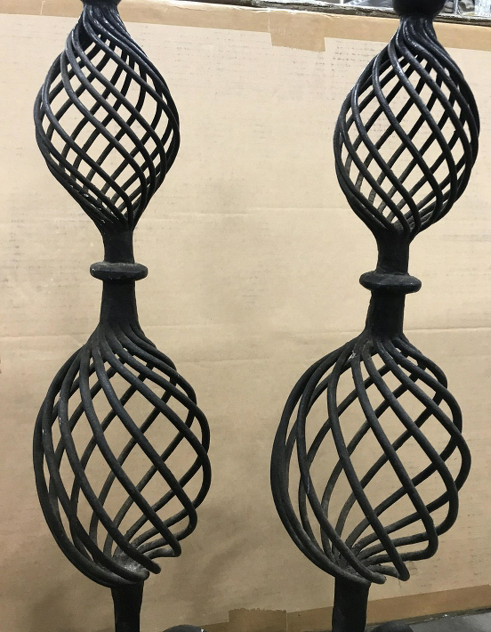 Antique Oversized Iron Twist Andirons Antique Andirons,: Antique Andirons, Iron Metal, Double gourd open twist form, hand wrought scroll work, antique fireplace accessories, decorative arts, arts and crafts, property of New Canaan Estate, each measures ht a